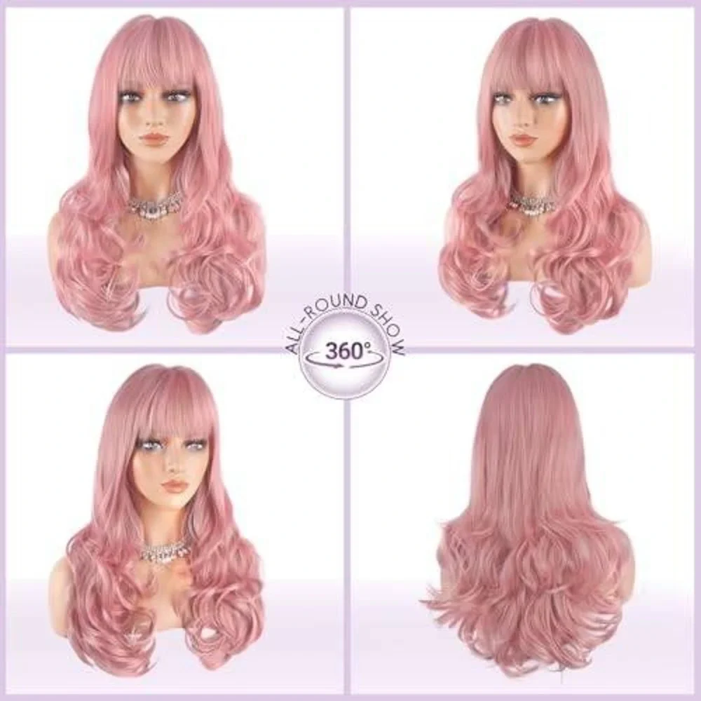 Long Wavy Pink Wig with Bangs Synthetic Heat Resistant Pastel Rose Cosplay Hair‎